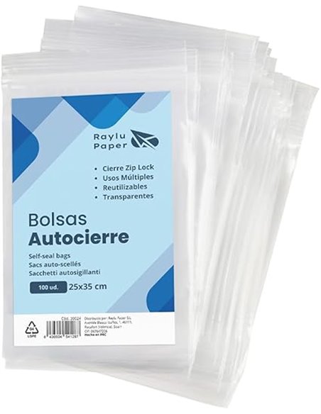 RAYLU PAPER - Bolsas Auto Cierre Zip, Pack de 100 Bolsas de Plástico Transparente Reutilizables, usos Múltiples, Hecho en Europa