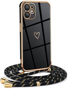 Mkej Funda para iPhone 12 con Cuerda, TPU Suave Silicona diseño de corazón con Chapado en Oro de Lujo, Funda iPhone 12 Cuerda pa
