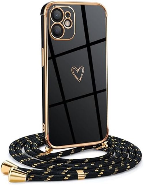 Mkej Funda para iPhone 12 con Cuerda, TPU Suave Silicona diseño de corazón con Chapado en Oro de Lujo, Funda iPhone 12 Cuerda pa