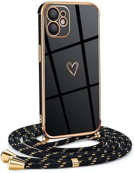 Mkej Funda para iPhone 12 con Cuerda, TPU Suave Silicona diseño de corazón con Chapado en Oro de Lujo, Funda iPhone 12 Cuerda pa