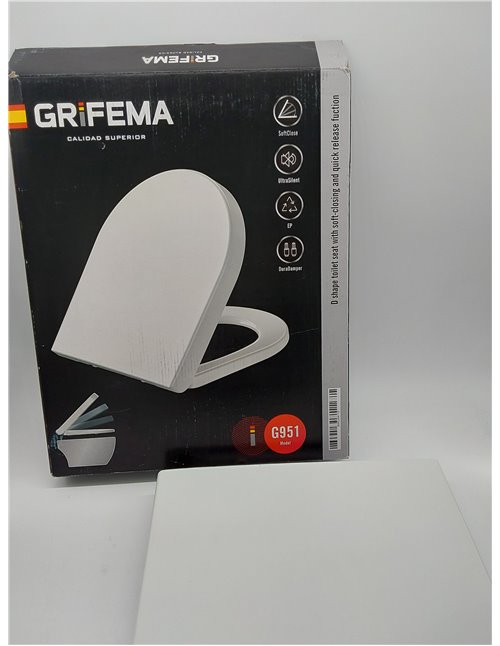 GRIFEMA G951 - Tapa WC, Asiento de Inodoro de Cierre Suave en Forma de D con Liberación Rápida para una Fácil Limpieza, Blanco, 