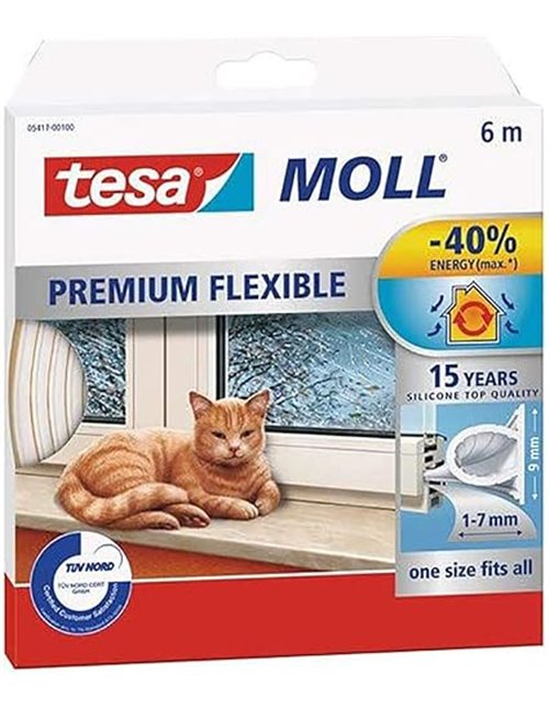 tesamoll Silicona PREMIUM FLEXIBLE, Tira de Silicona Adhesiva para Sellar Brechas de Ventanas y Puertas, Blanco, 6 m x 8 mm x 7
