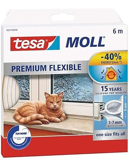 tesamoll Silicona PREMIUM FLEXIBLE, Tira de Silicona Adhesiva para Sellar Brechas de Ventanas y Puertas, Blanco, 6 m x 8 mm x 7