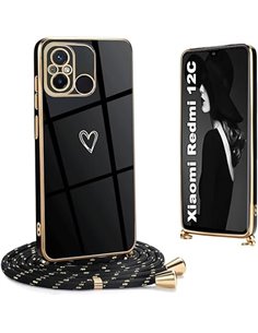 Funda con Cordón para Redmi 12c, Amorcorazón Patrón Galvanoplastia Carcasa Antigolpes TPU Suave Silicona Funda con Cuerda para R