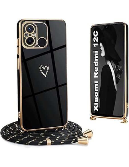 Funda con Cordón para Redmi 12c, Amorcorazón Patrón Galvanoplastia Carcasa Antigolpes TPU Suave Silicona Funda con Cuerda para R