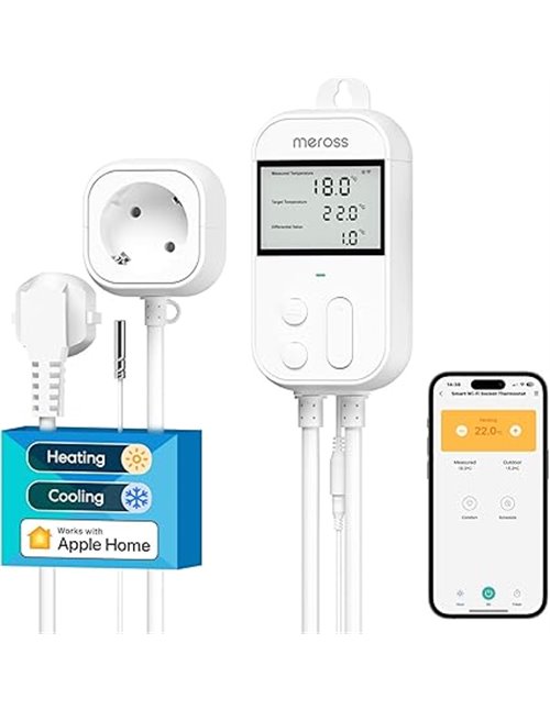 Meross Inteligente Enchufe de Digital Termostato con Sonda, WiFi Controlador de Temperatura para Acuarios, Incubación, Plantas d