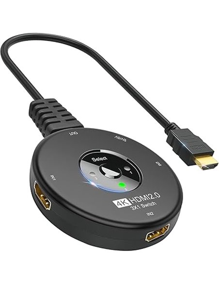 Ozvavzk HDMI Switch 3 Entradas 1 Salida HDMI Splitter Soportes Full HD 4K 3D Duplicador HDMI 2.0 con Cable Conmutador para Fire 