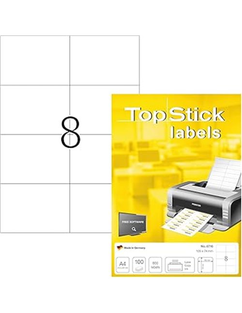 TopStick 8716 - Etiquetas autoadhesivas universales A4 grandes (105 x 74 mm, papel) 100 hojas, 8 etiquetas por hoja, 800 etiquet