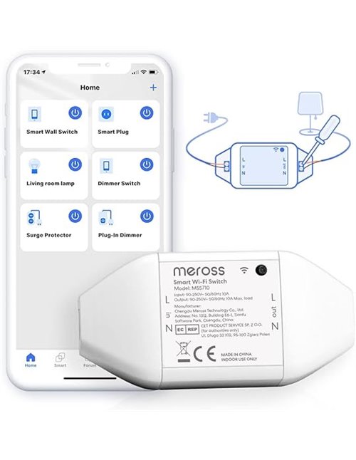 Meross Interruptor Universal Inteligente, Interruptor Inteligente 10A DIY Compatible con Alexa, Google Home y SmartThings, Inter