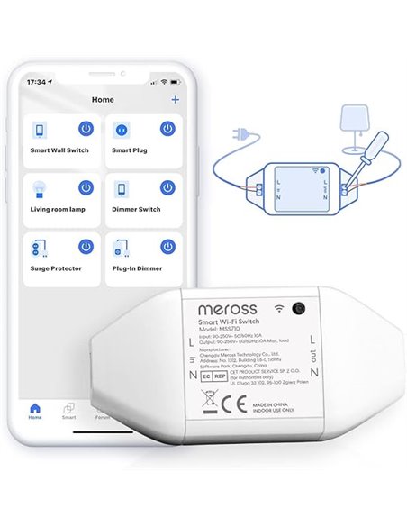 Meross Interruptor Universal Inteligente, Interruptor Inteligente 10A DIY Compatible con Alexa, Google Home y SmartThings, Inter