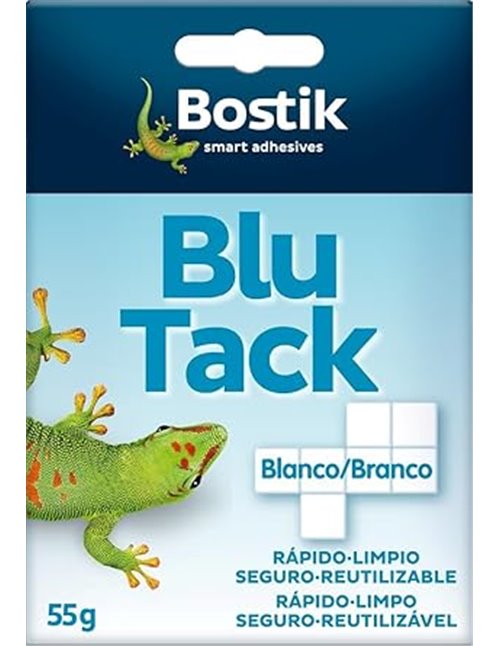 BOSTIK Blu Tack Blanco, Masilla Adhesiva Cuarteada, Moldeable y Reutilizable, Fijación de Todo Tipo de Objetos, Limpia, Segura y