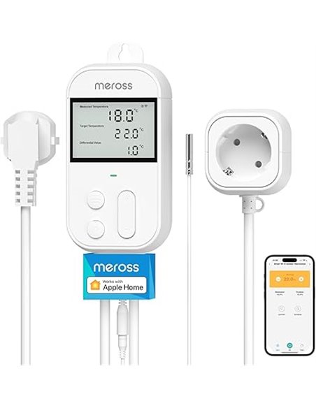 Meross Inteligente Enchufe de Digital Termostato con Sonda, 2,4GHz WiFi Controlador de Temperatura Enchufe con Termostato 16A 38