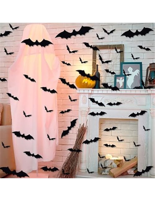 WANTOUTH 72 PCS Pegatinas de Murciélagos en 3d para Halloween Murcielago Decoracion Halloween Extraíble Pegatinas Murciélago Neg