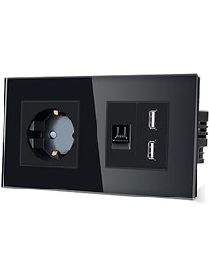 TAWOIA Enchufe Schuko, 1 compartimento con 1/2 ordenador RJ45 Cat6 Internet enchufe y 1/2 USB (2,4 A), marco de cristal empotrad