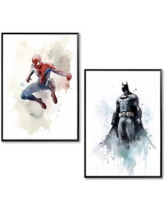 mnam Laminas decorativas pared Set de 2 Superhéroes. Papel Acquerello - Poster Decorativo Impresiones Acuarela para enmarcar - R