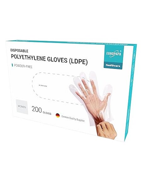 EUROPAPA 200 Unidades De Guantes Desechables De LDPE En Caja, Guantes Desechables Sin LÁTex, Sin Polvo (Mujer 200)       