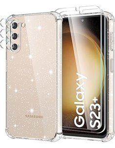 YIRSUR Funda para Samsung Galaxy S23 Plus Glitter, con 2 Pack Cristal Templado y 2 Pack Protector de Lente de Cámara, Transparen