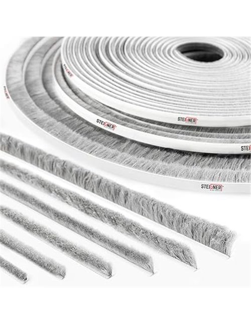 STEIGNER 10m Junta de cepillo autoadhesiva GRIS, Cepillo a prueba de polvo, Tira de sellado, altura 4 mm       