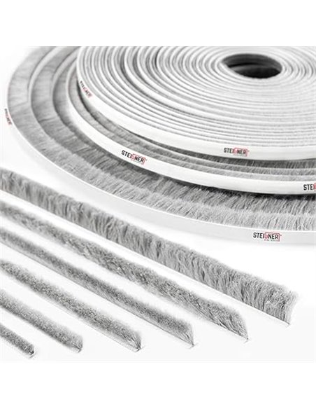 STEIGNER 10m Junta de cepillo autoadhesiva GRIS, Cepillo a prueba de polvo, Tira de sellado, altura 4 mm       