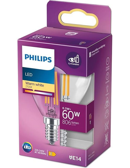Philips - Bombilla LED cristal 60W E14 luz blanca cálida P45, transparente, no regulable       