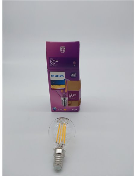 Philips - Bombilla LED cristal 60W E14 luz blanca cálida P45, transparente, no regulable       