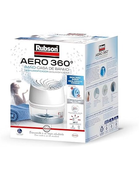 Rubson AERO 360º Baño, deshumidificador portátil sin cable para baño, absorbe humedad para la circulación del aire, disipador de