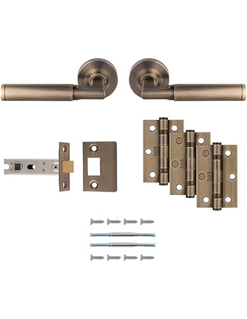 Carlisle Brass Belas Ultimate Door Pack - Latón antiguo - Incluye un par de manijas de diseño, 3 bisagras y un pestillo CE de 3 