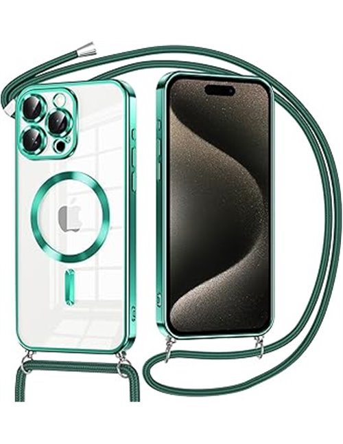 Oelrstfe Funda Magnética para iPhone 15 Pro MAX con Cuerda, Compatible con MagSafe, Transparente Carcasa con Correa Collar Colga