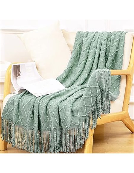 LumiSyne Manta De Punto con Flecos Color Sólido Borlas Clásica Diseño con Motivos Geométricos Comoda Suave Cubresofa Cubrecama M