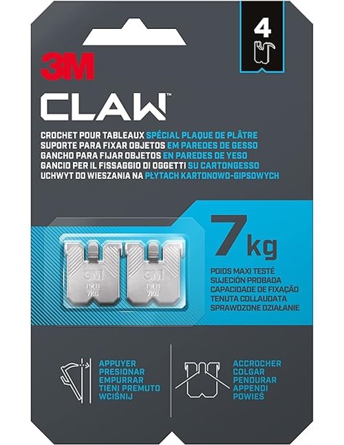 3M CLAW Ganchos para colgar cuadros en paredes de yeso, 4 Ganchos - Soporta hasta 7 kg - Adecuado para fijar objetos pesados, Es