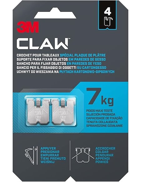 3M CLAW Ganchos para colgar cuadros en paredes de yeso, 4 Ganchos - Soporta hasta 7 kg - Adecuado para fijar objetos pesados, Es