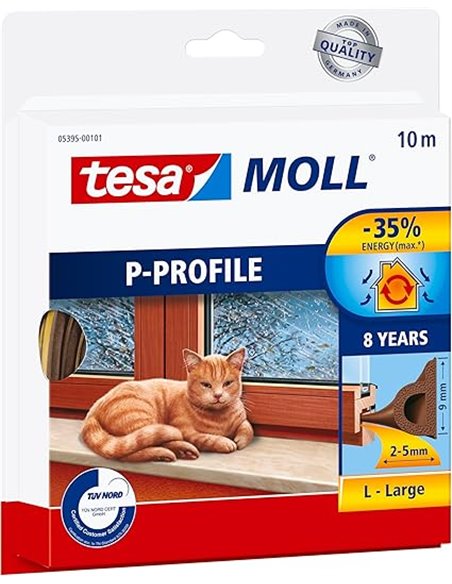 Tesa 05395-00101 Burlete de caucho perfil P, Color marrón, 10 m x 9 mm       