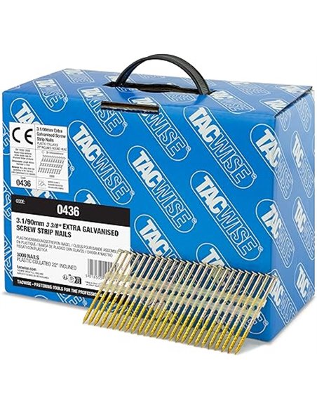 TACWISE 0436 Clavos Extra Galvanizados para Estructuras, 3,1/90 mm, Cabeza Redonda, Vástago Roscado, Inclinados 22°, en Tiras de