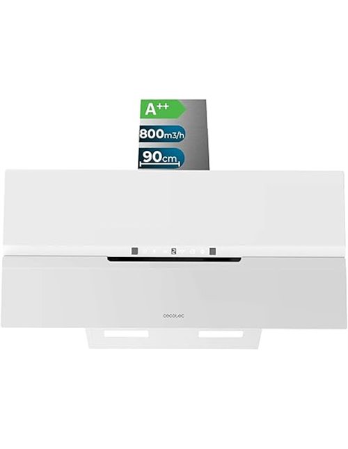 Cecotec Campana Extractora Decorativa 90Cm Bolero Flux Dt 908010 Glass White A++. Acabado Vidrio Blanco Mate, Succión 800M3/H, M