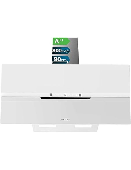 Cecotec Campana Extractora Decorativa 90Cm Bolero Flux Dt 908010 Glass White A++. Acabado Vidrio Blanco Mate, Succión 800M3/H, M