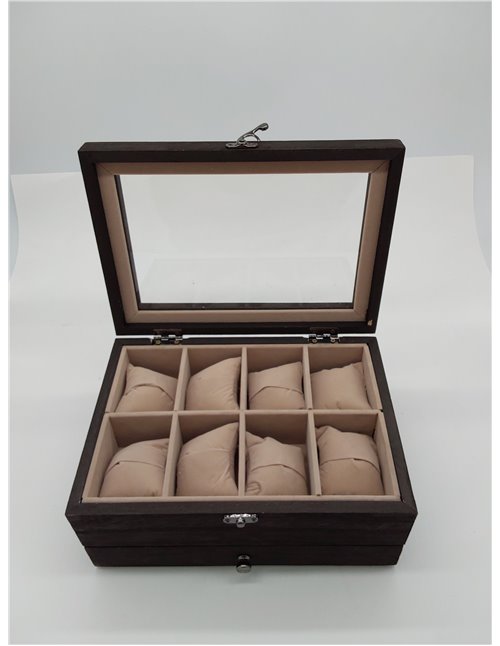 SONGMICS Caja de Relojes con 8 Ranuras, Estuche de Relojes de Madera de 2 Niveles con Tapa de Cristal, Almohadillas, Forro de Te