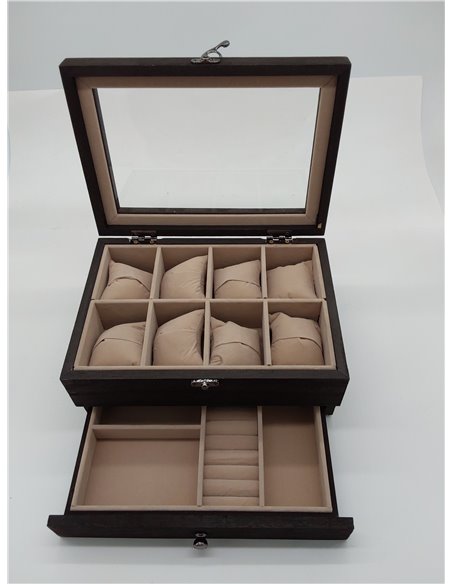SONGMICS Caja de Relojes con 8 Ranuras, Estuche de Relojes de Madera de 2 Niveles con Tapa de Cristal, Almohadillas, Forro de Te