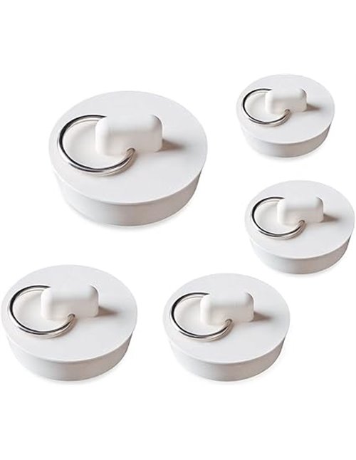 NITAIUN 5 Piezas Tapón de Fregadero Drenaje Tapón de Desagüe Lavabo Enchufe 5 Tamaños Blanco con Anillo De Tiro Tapones De Drena