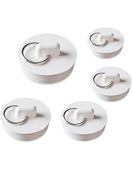 NITAIUN 5 Piezas Tapón de Fregadero Drenaje Tapón de Desagüe Lavabo Enchufe 5 Tamaños Blanco con Anillo De Tiro Tapones De Drena