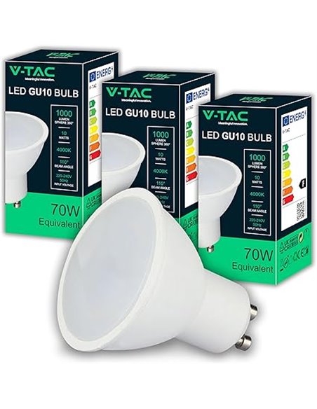 V-TAC 3x Bombillas LED GU10 - Alta Luminosidad 10W (Equivalente a 70W) - 1000 Lumen - Cubierta Satinada - Bombilla Máxima Eficie