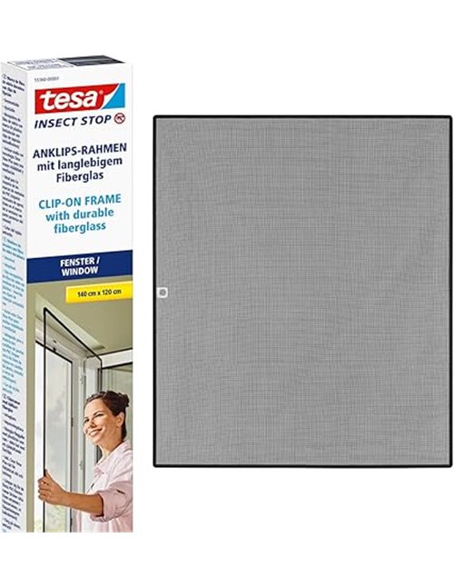 tesa Insect Stop Clip On - Mosquitera de Ventana con Marco Desmontable - Recortable a Medida - Malla Resistente de Fibra de Vidr
