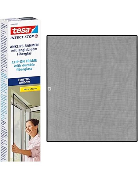 tesa Insect Stop Clip On - Mosquitera de Ventana con Marco Desmontable - Recortable a Medida - Malla Resistente de Fibra de Vidr