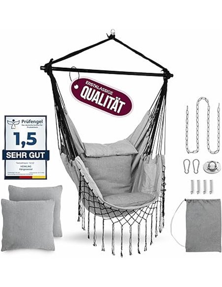 HEIMLING Sillón Colgante de Interior y Exterior XXL [Pack Todo Incluido con Suspensión + 3 Cojines] Sillón Colgante para niños y
