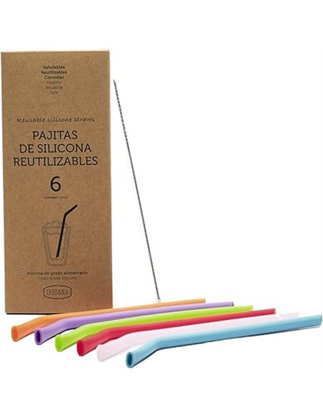 Irisana - Pajitas Reutilizables - Pack de 6 - Multicolor - Silicona sin BPA - Incluye Cepillo Limpiador - Aptas para Lavavajilla