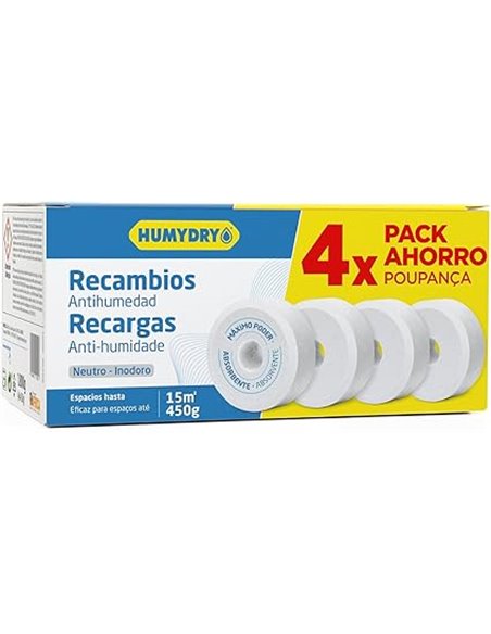 HUMYDRY - Set de 4 Tabletas Antihumedad - Recambio Universal para Deshumificadores - Ideal para Absorber la Humedad de Armarios