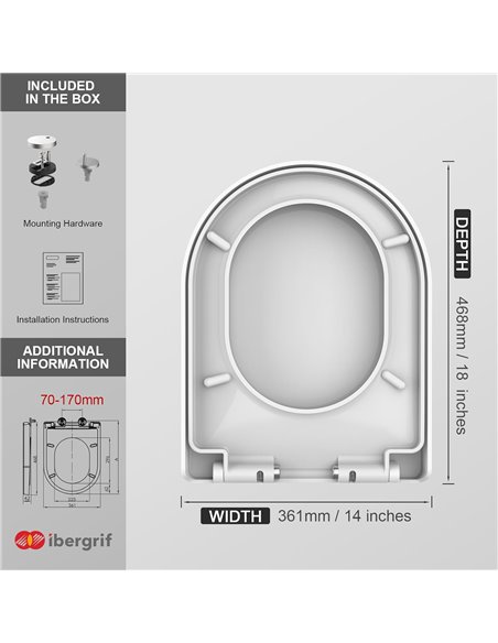 Ibergrif M41001 Tapa wc, Asiento de Inodoro de Cierre Suave en Forma de D con Liberación Rápida para una Fácil Limpieza, Blanco 