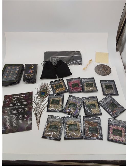 VIPNAJI Suministros de Brujería 64 Pcs Kit de Brujería,Velas Hechizos Velas,Mini Piedras Naturales,Hierbas Secas y Velas Mágicas