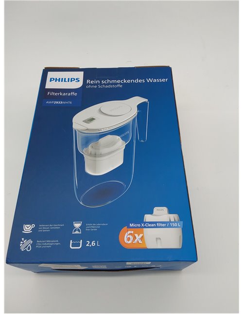 Philips Water Filtro de jarra + 6 cartuchos de filtro de repuesto, Filtración Avanzada, flujo rápido, temporizador electrónico, 