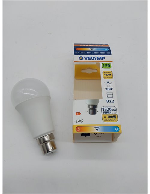 Velamp Bombilla LED SMD, A60 Drop, 15W / 1520lm, base B22 (Francia), 4000K 