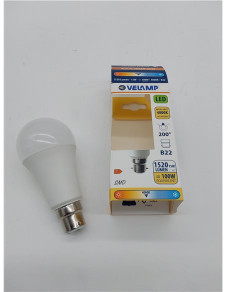 Velamp Bombilla LED SMD, A60 Drop, 15W / 1520lm, base B22 (Francia), 4000K 